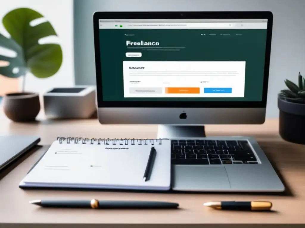 Espacio de trabajo minimalista para freelancers Espacio de trabajo minimalista para freelancers con escritorio blanco, laptop, libreta, bolígrafo y café