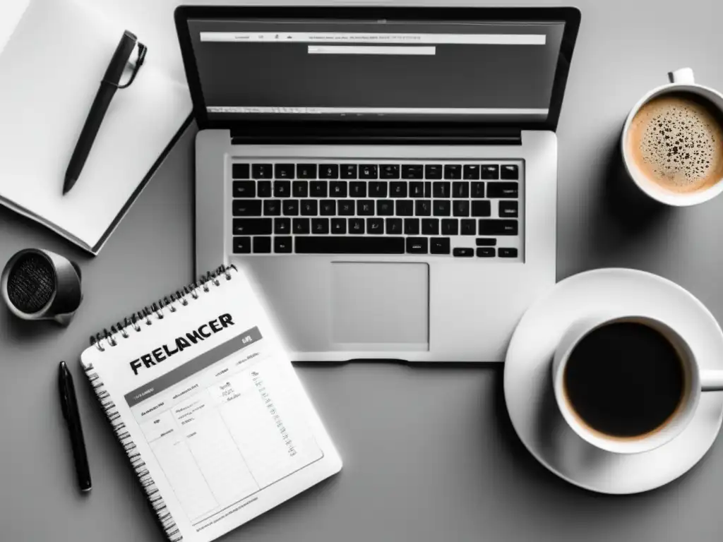 Escritorio minimalista del freelancer Escritorio minimalista de un freelancer con laptop, cuaderno y café