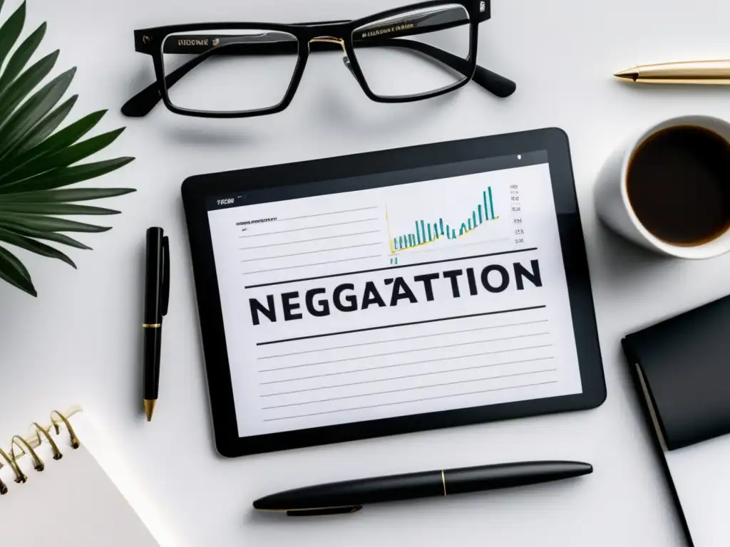 Espacio de trabajo minimalista con enfoque profesional Espacio de trabajo minimalista con escritorio negro, laptop, y notas sobre habilidades de negociación para freelancers
