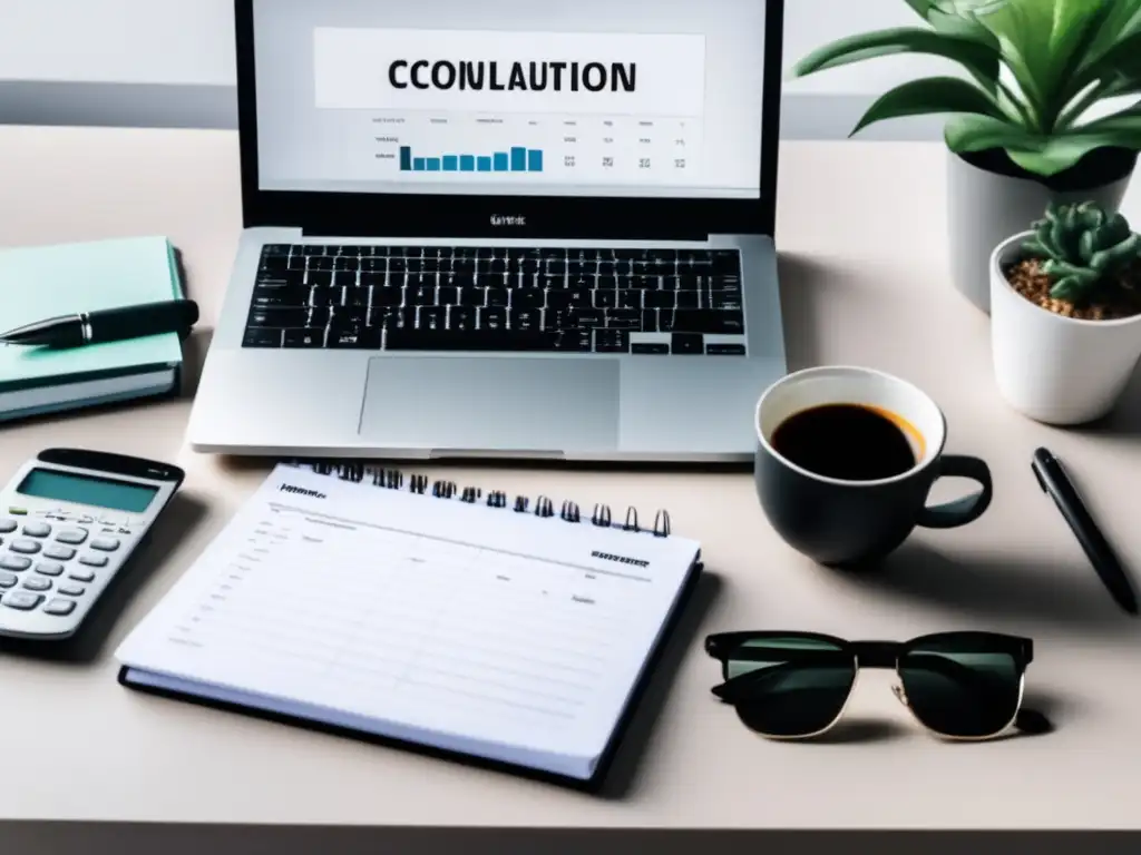 Espacio de trabajo minimalista y eficiente Espacio de trabajo minimalista con escritorio elegante, laptop moderna y notas