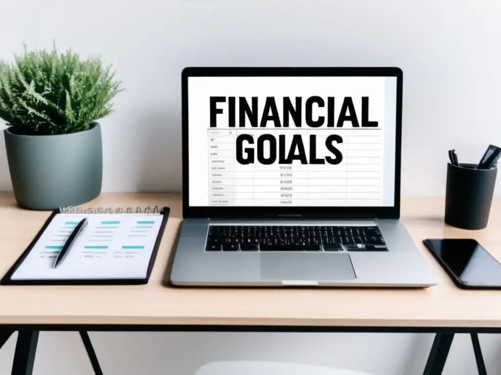 Espacio de trabajo minimalista con metas financieras Espacio de trabajo minimalista con escritorio elegante y laptop