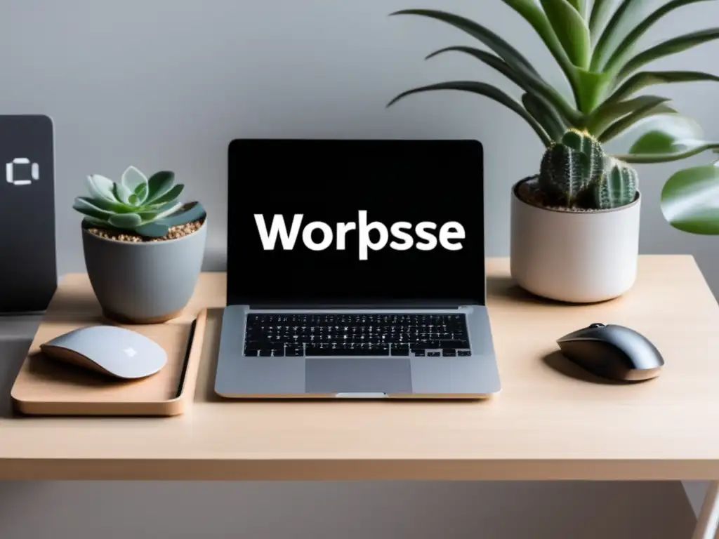 Espacio de trabajo minimalista y organizado Espacio de trabajo minimalista con escritorio de madera clara, organizado y equilibrado para freelancers