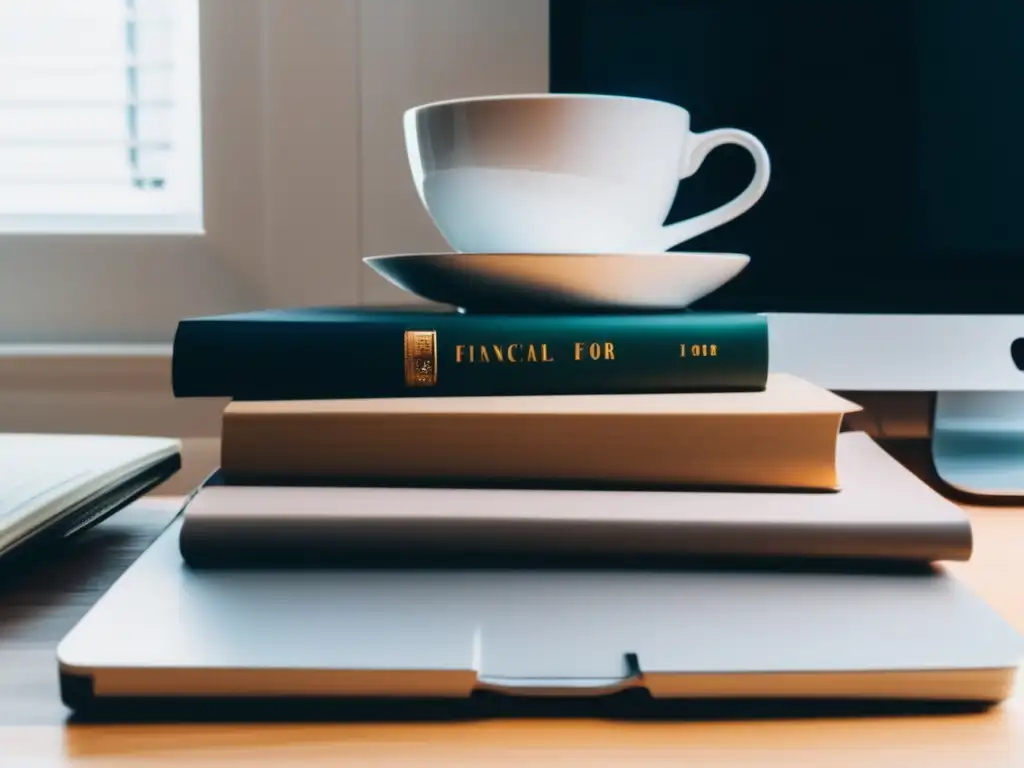 Escritorio minimalista de freelancer con libros sobre finanzas Escritorio minimalista con libros de finanzas recomendados para freelancers