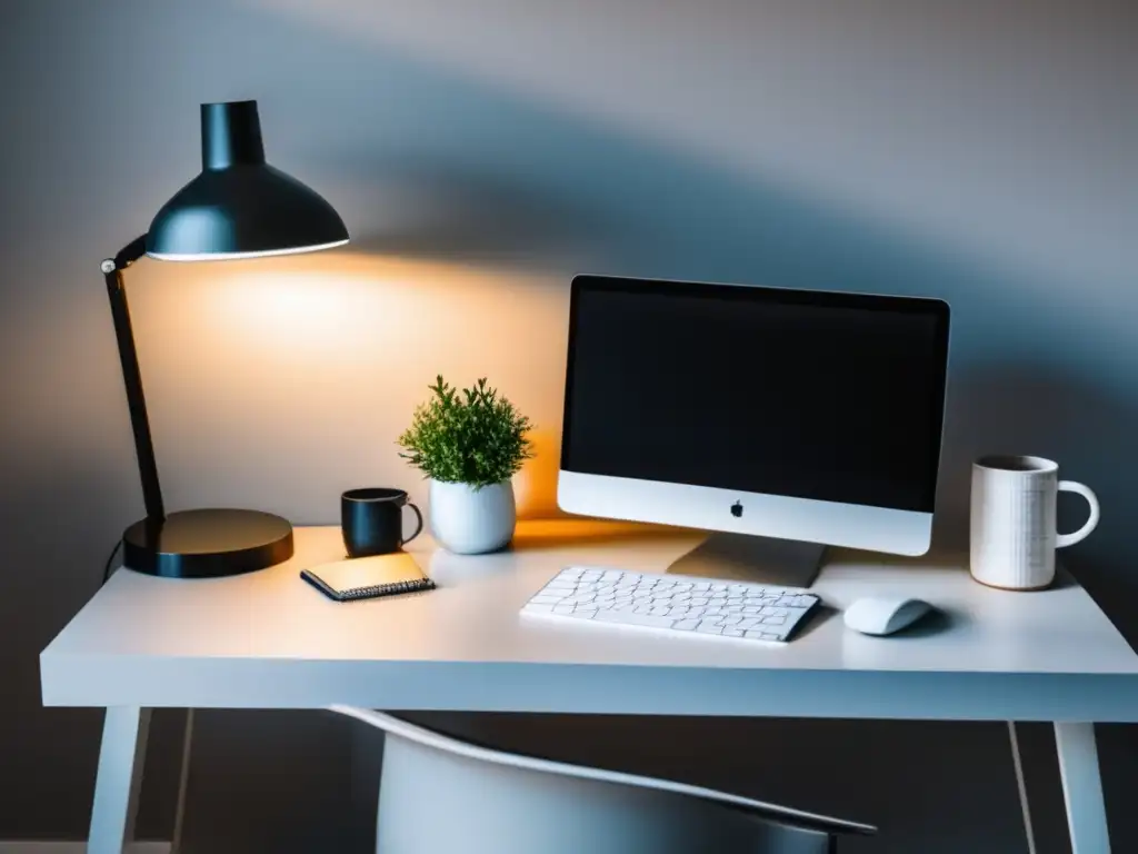 Espacio de trabajo minimalista y productivo Espacio de trabajo minimalista con escritorio elegante, monitor mostrando hoja de cálculo financiera, organizado con libreta, calculadora y café