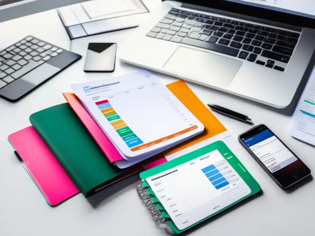Escritorio organizado para freelancers Escritorio limpio y organizado con laptop y archivos representando deducciones - Errores comunes de deducción de impuestos para freelancers