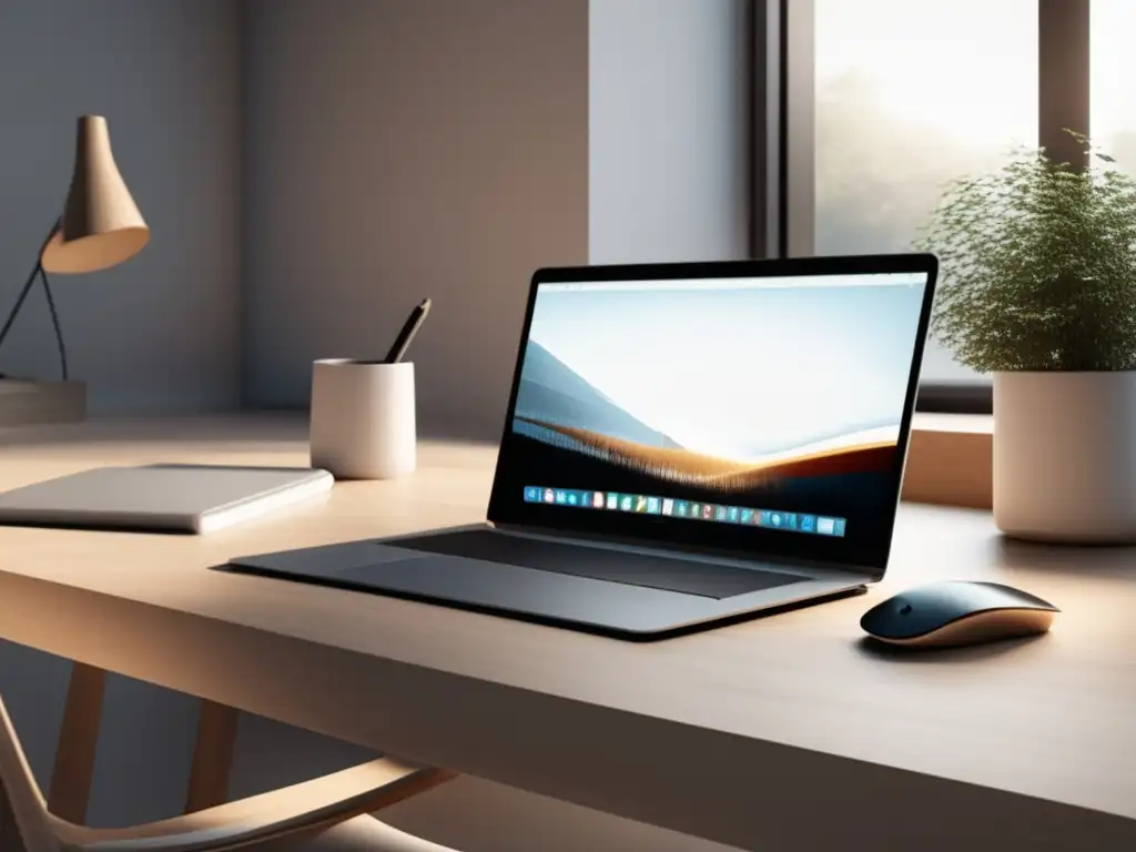 Espacio de trabajo minimalista con laptop y accesorios Espacio de trabajo minimalista con software de facturación y cobro para freelancers
