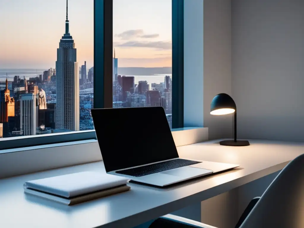 Espacio de trabajo minimalista con vista a la ciudad Espacio de trabajo minimalista con escritorio blanco y vista a la ciudad: créditos para freelancers