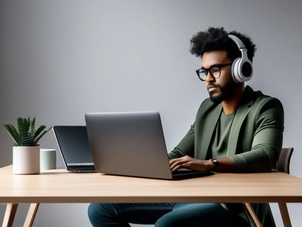 Freelancer enfocado en un escritorio moderno Freelancer trabajando en un escritorio moderno y minimalista para aumentar ingresos como freelancer