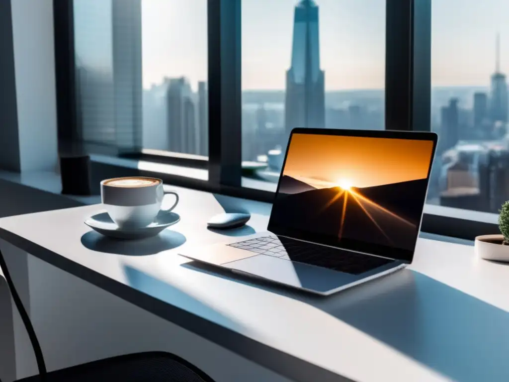 Espacio de trabajo freelancer Espacio de trabajo minimalista con laptop, cuaderno y café en un escritorio blanco