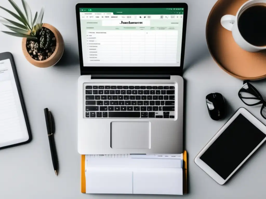 Escritorio minimalista para gestionar finanzas Escritorio minimalista con laptop, notas y documentos financieros organizados