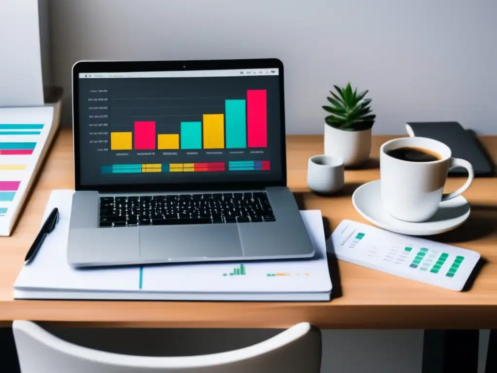 Espacio de trabajo minimalista con laptop y organización eficiente Consejos para convertir flujo de efectivo en herramienta útil freelancer