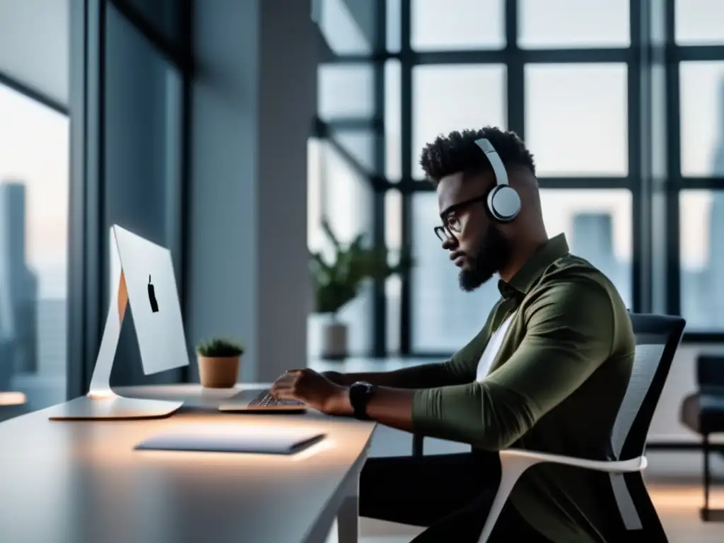 Freelancer exitoso en oficina minimalista Freelancer trabajando en una oficina moderna con estrategias financieras para freelancers en Europa