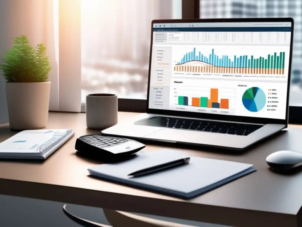 Escritorio minimalista para gestión financiera Herramientas de contabilidad para freelancers en un escritorio minimalista con laptop, calculadora y bloc de notas