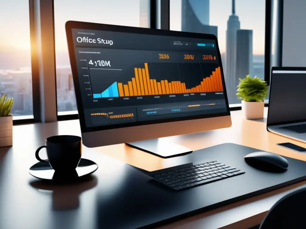 Escritorio minimalista con laptop y software financiero Escritorio minimalista y organizado con gestión tributaria para freelancers