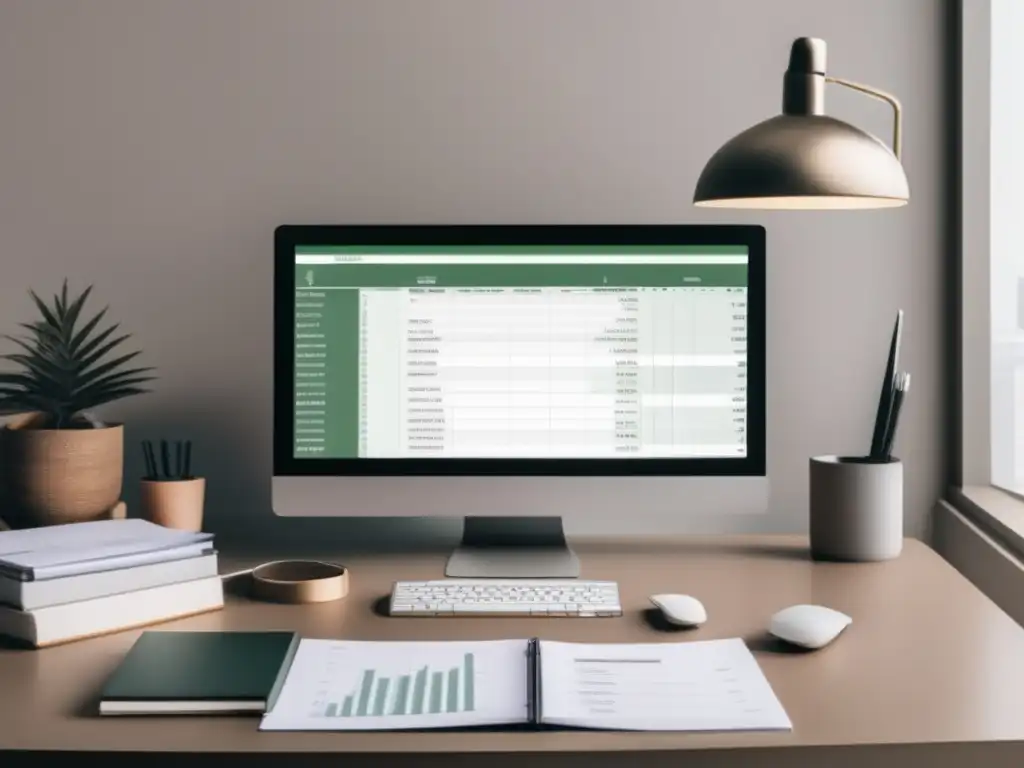 Escritorio minimalista con calculadora de impuestos Escritorio minimalista con monitor moderno y cálculos de deducciones fiscales