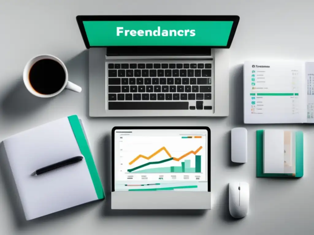 Escritorio minimalista con herramientas de inversión Herramientas de inversión para freelancers en un escritorio minimalista con una laptop y carpetas organizadas