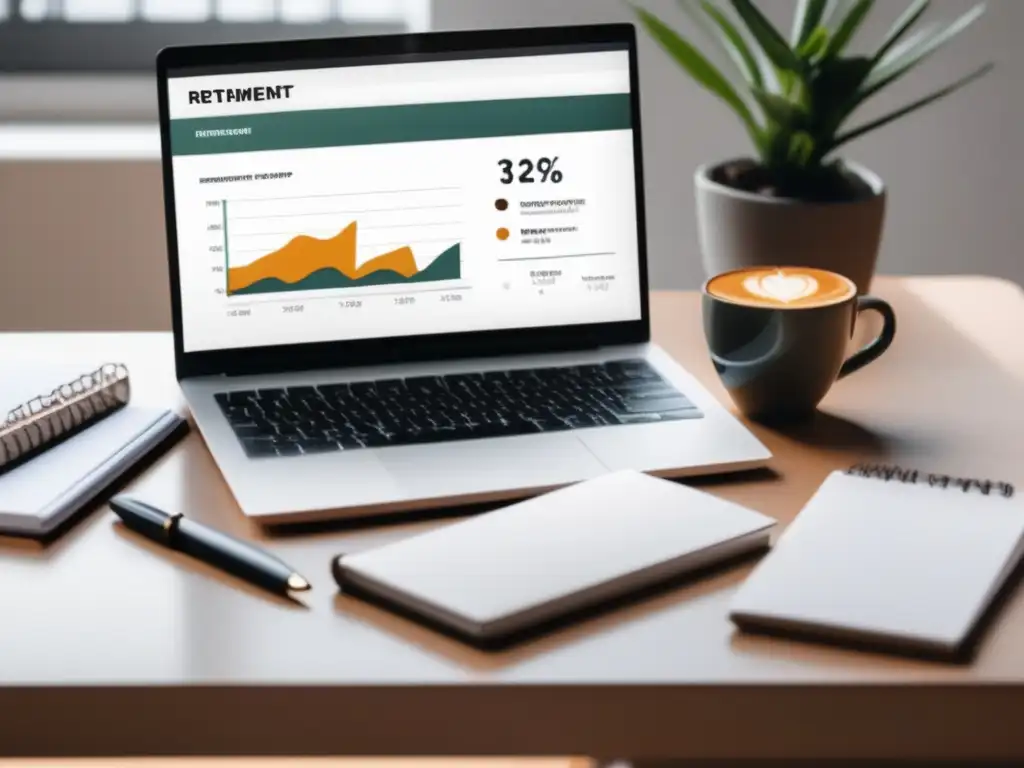 Escritorio minimalista: planifica tu jubilación Escritorio minimalista con laptop, notas y pluma