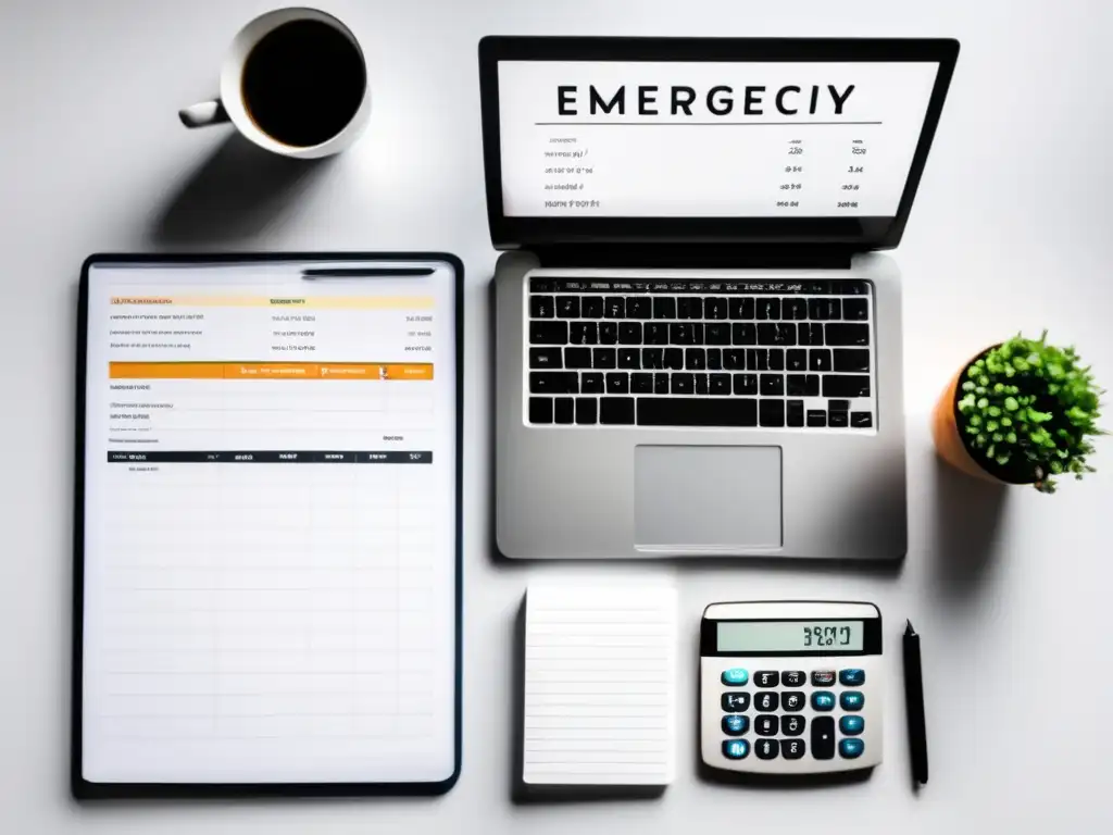 Escritorio minimalista con organización financiera Escritorio minimalista con laptop, notas y calculadora, reflejando estrategias para crear fondo de emergencia sin afectar metas financieras