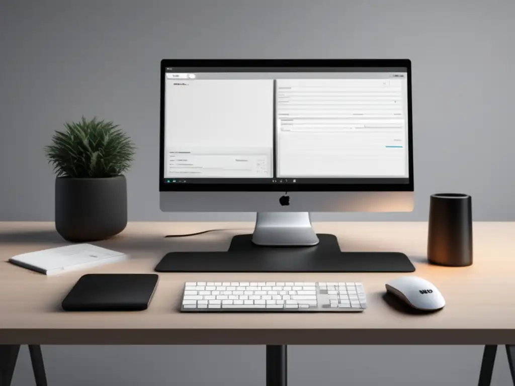 Espacio de trabajo minimalista y eficiente Escritorio minimalista con monitor negro y Toggl: productividad y estilo (110 caracteres)