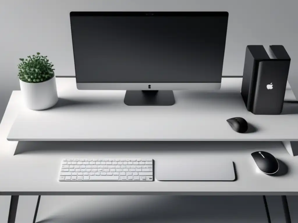 Espacio de trabajo minimalista Espacio de trabajo minimalista con escritorio blanco, laptop, planta y pared blanca