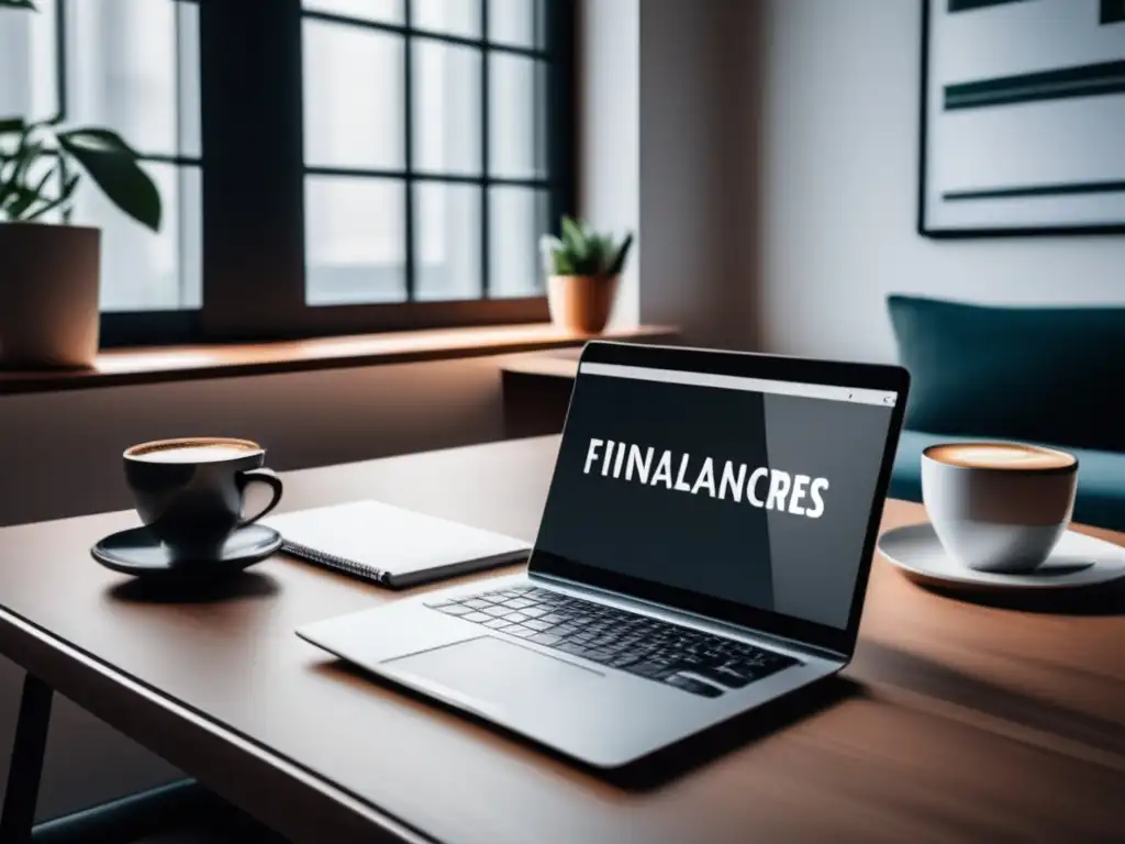 Escritorio minimalista con laptop y café Escritorio moderno con laptop, cuaderno y café, resaltando estrategias financieras para freelancers