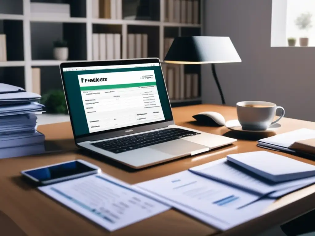 Freelancer organizado en su escritorio Freelancer en su escritorio, con papeles ordenados y laptop, implica fiscales para freelancers