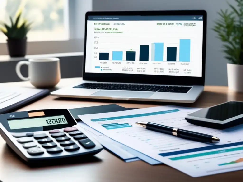 Escritorio organizado con herramientas contables Escritorio organizado con laptop, gráficos financieros y herramientas de contabilidad para freelancers
