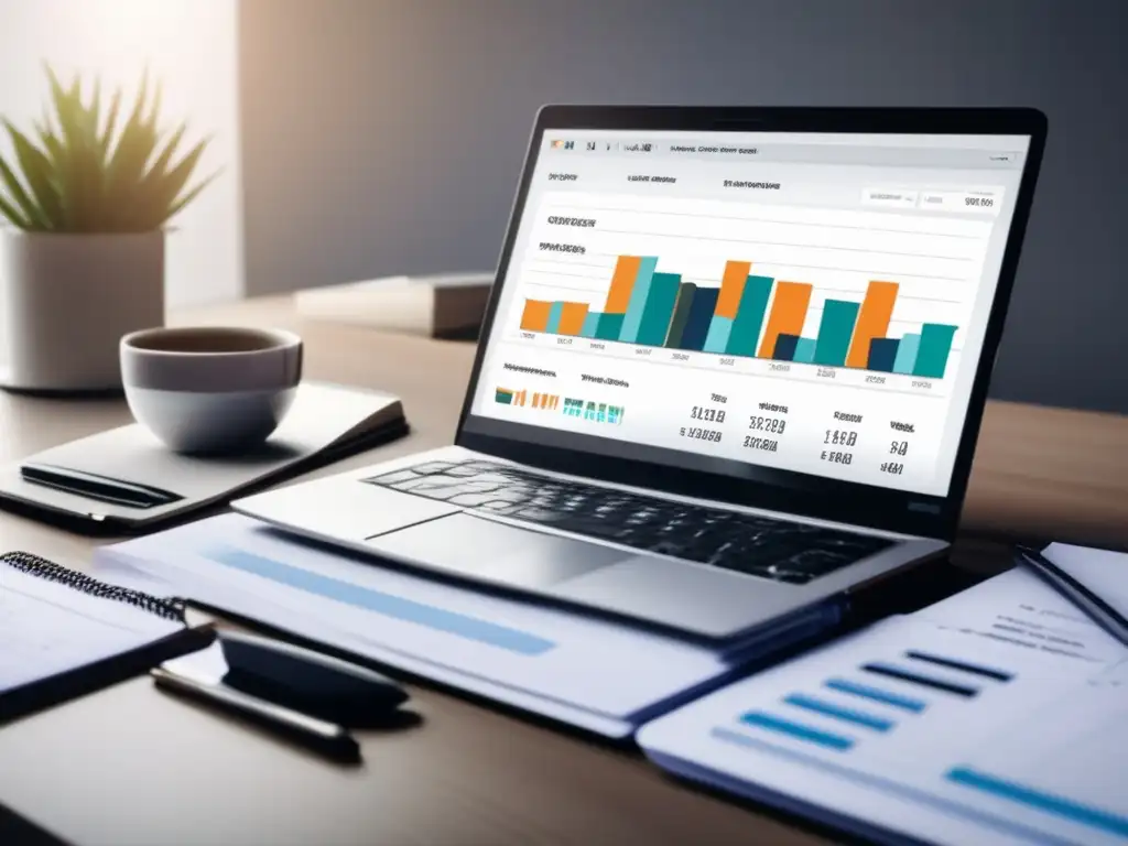 Escritorio organizado con laptop y gráficos financieros Escritorio organizado con laptop, notas y gráficos de ingresos y gastos