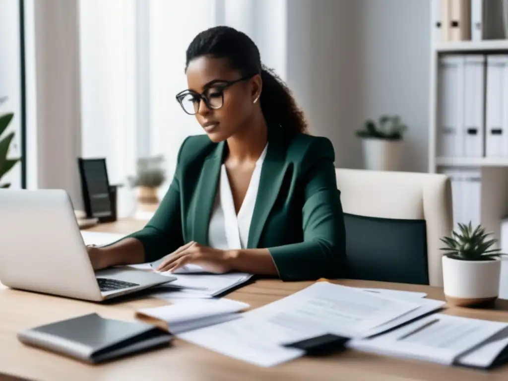 Freelancer gestionando finanzas Gestión financiera para freelancers en un escritorio minimalista rodeado de documentos financieros