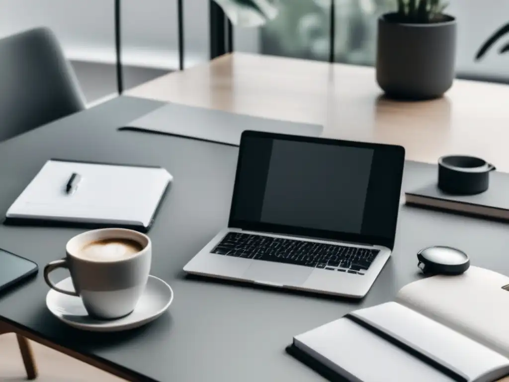 Escritorio minimalista para freelancers Escritorio minimalista con portátil, cuaderno y taza de café
