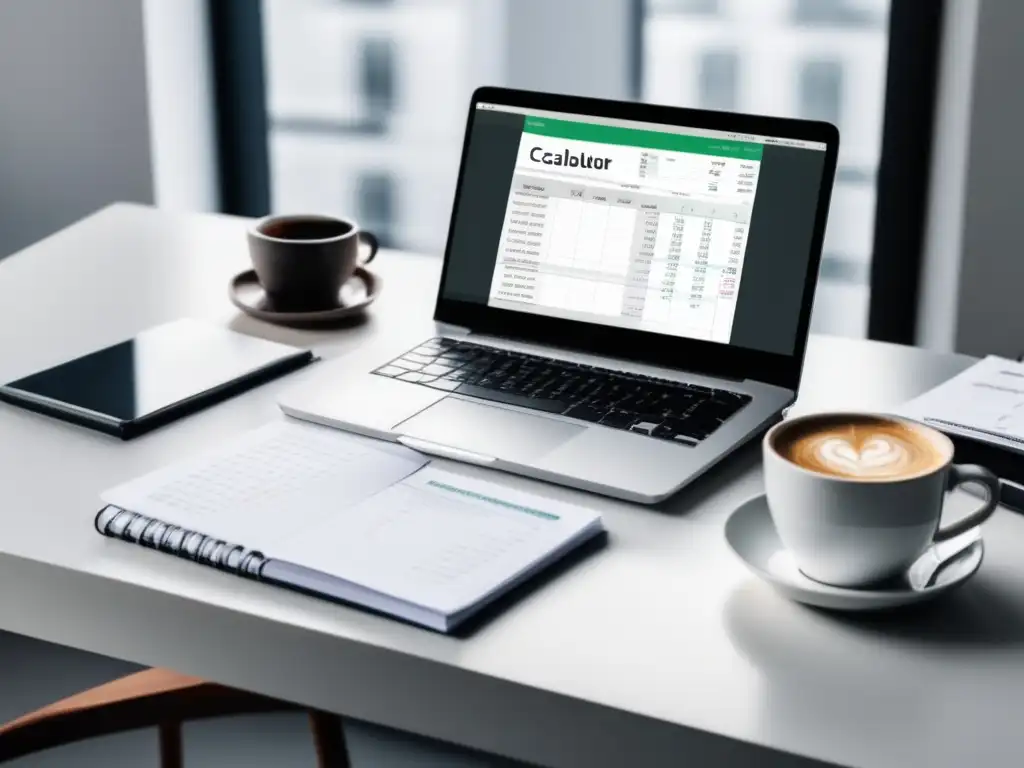 Escritorio minimalista para freelancers Escritorio minimalista con laptop, notas y calculadora, herramientas contables para freelancers