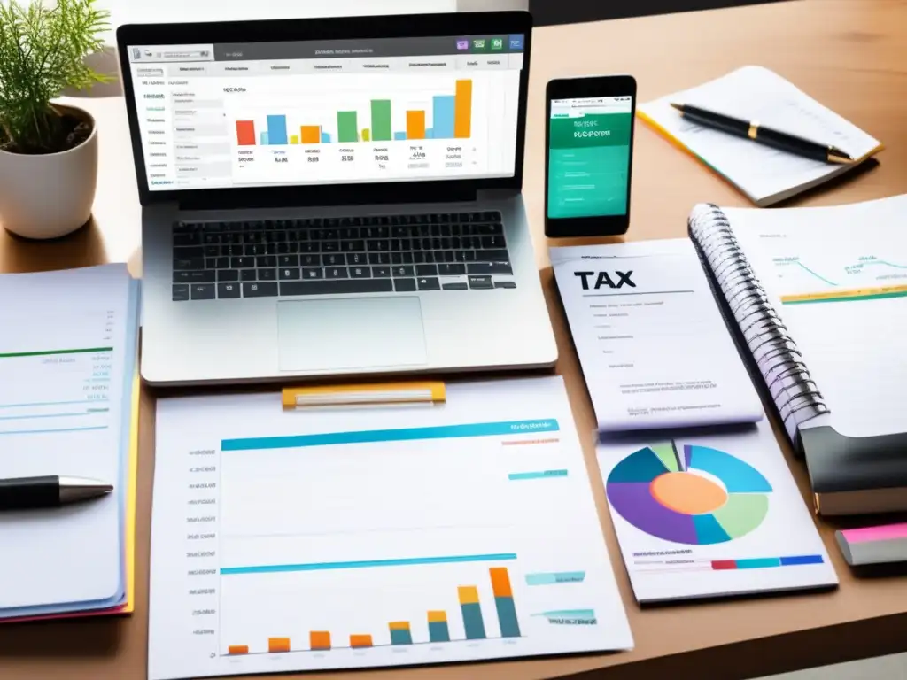 Escritorio organizado con laptop, notas y documentos Escritorio organizado de freelancer preparando declaración de impuestos con laptop, notas y documentos