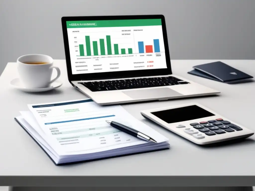Escritorio ordenado con documentos y calculadora Escritorio blanco organizado con laptop, calculadora y documentos para deducciones fiscales de freelancers