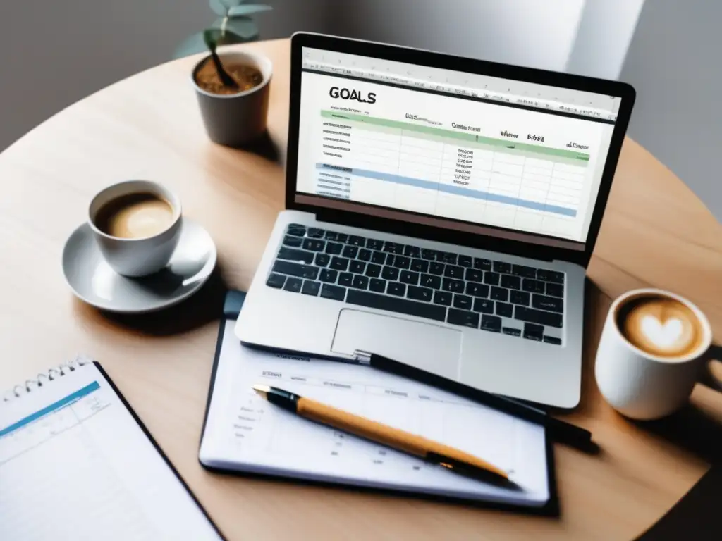Escritorio organizado, productividad y metas financieras Escritorio organizado con laptop, notas y café - Planificación financiera para freelancers