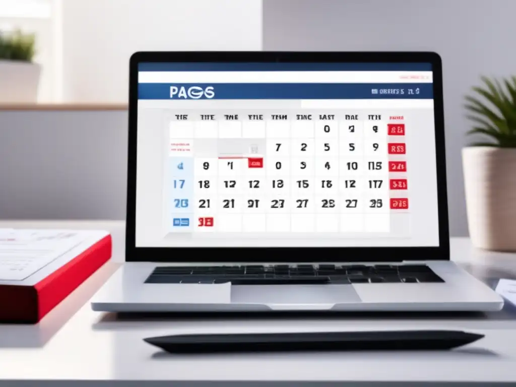 Escritorio organizado con calendario y facturas Escritorio blanco con laptop, calendario digital y reloj minimalista