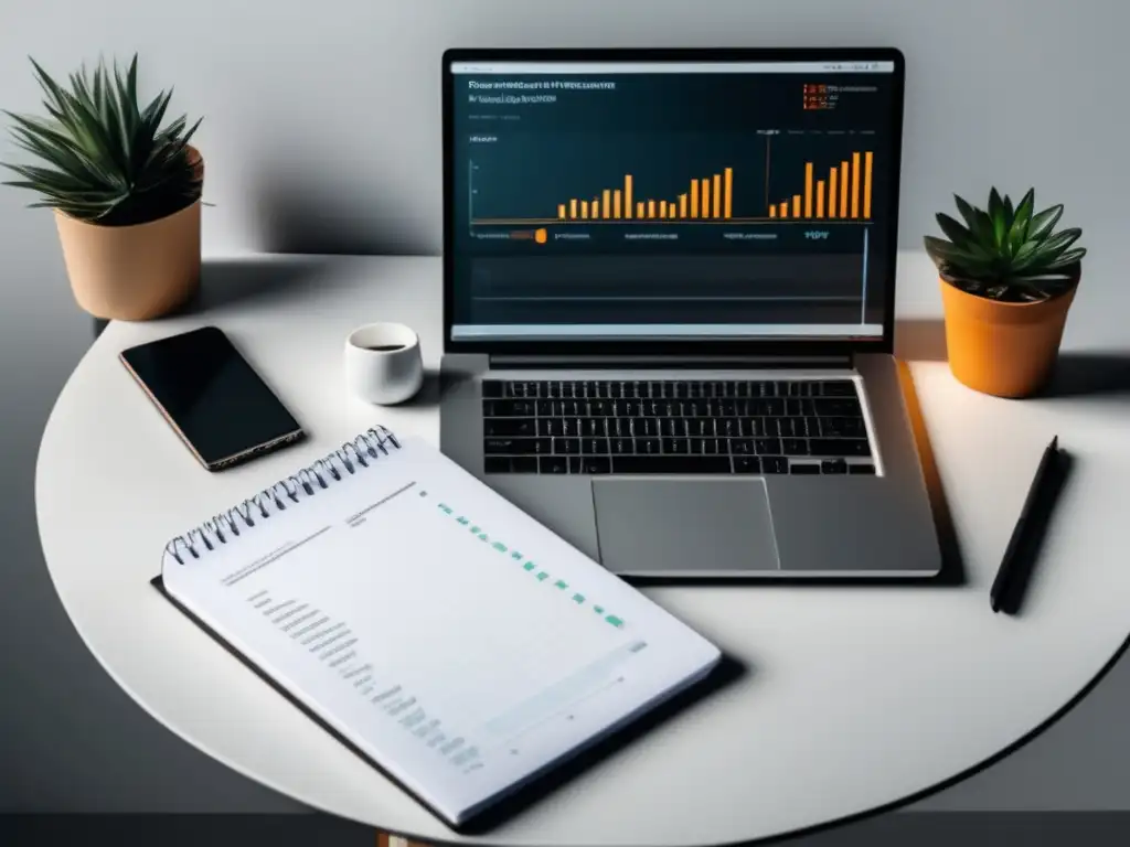 Escritorio minimalista para freelancers Escritorio minimalista con laptop, cuaderno y pluma ordenados