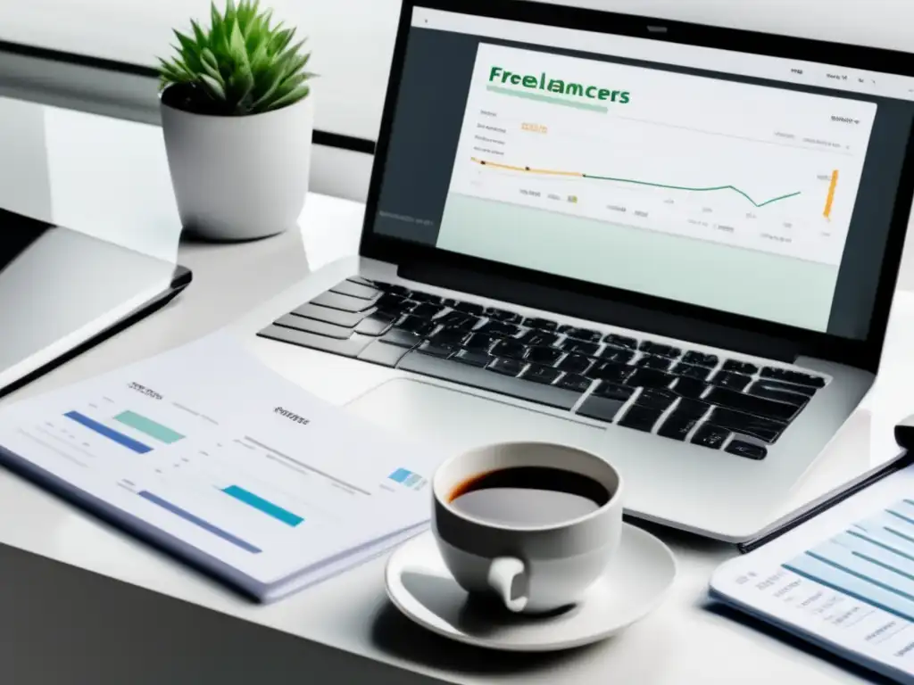 Escritorio minimalista para freelancers financieros Escritorio limpio y organizado para freelancers: incluye laptop, documentos financieros, calculadora y café