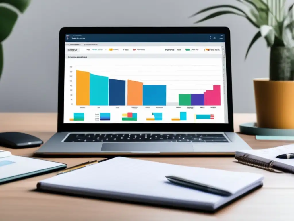 Escritorio organizado y eficiente Escritorio organizado con laptop, cuaderno y software de planificación financiera para freelancers en Europa