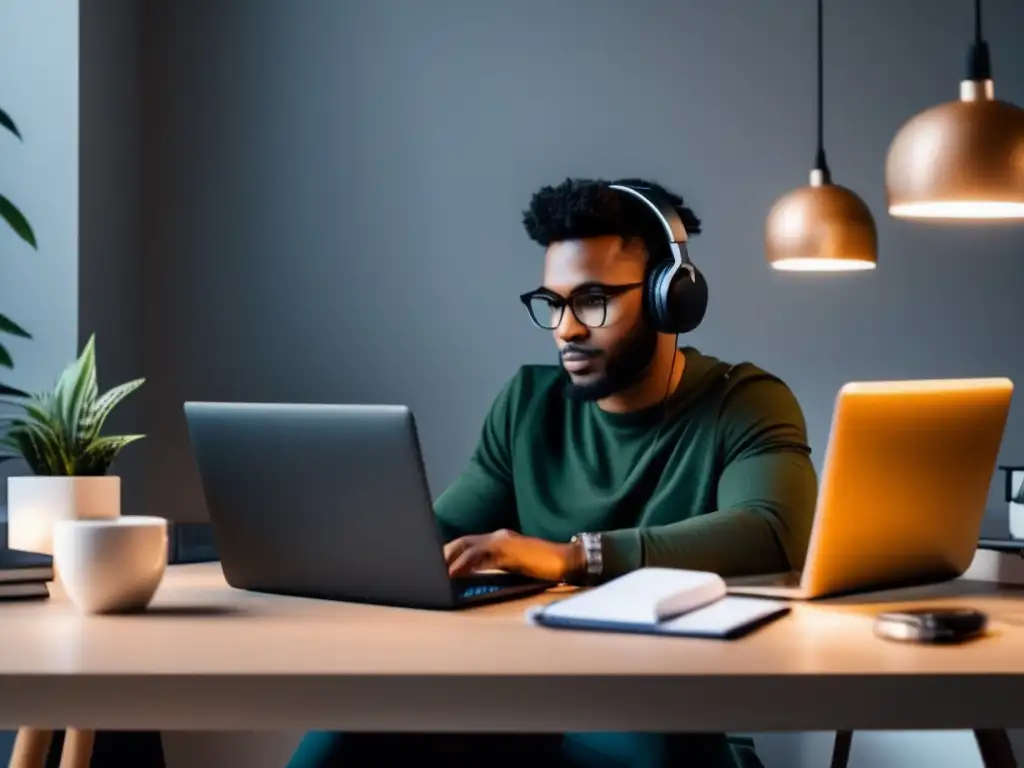 Freelancer en escritorio organizado y productivo Freelancer en escritorio organizado con herramientas de planificación financiera, enfoque y productividad