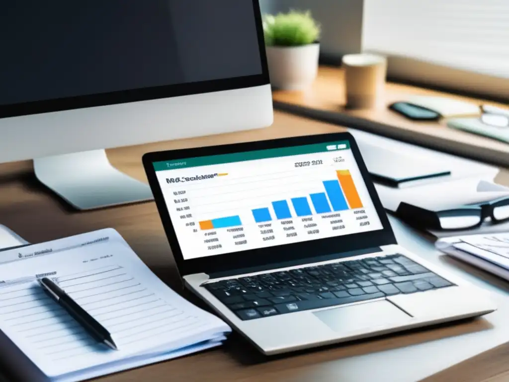 Escritorio ordenado con laptop, calculadora y papeleo organizado Manejo de impuestos para freelancers eficiente y organizado