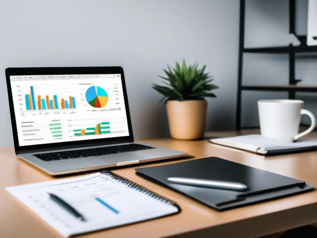 Escritorio organizado para planificación financiera Escritorio organizado con laptop, datos financieros y metas para freelancers