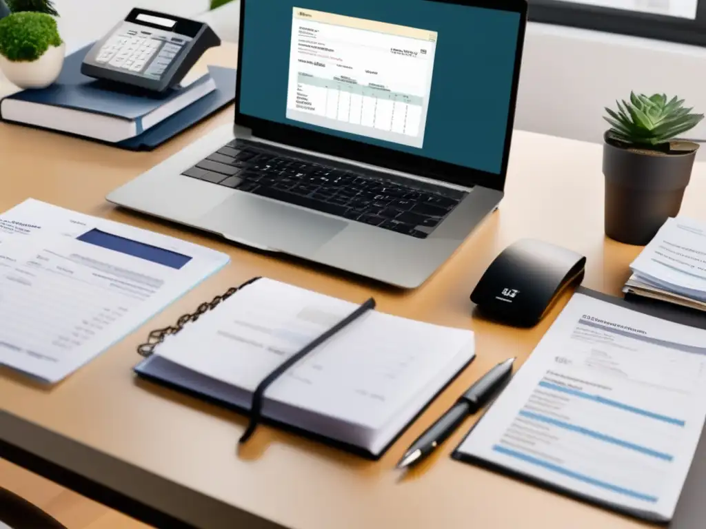 Escritorio organizado para preparación de impuestos Escritorio organizado para preparar y enviar declaración de impuestos para freelancers