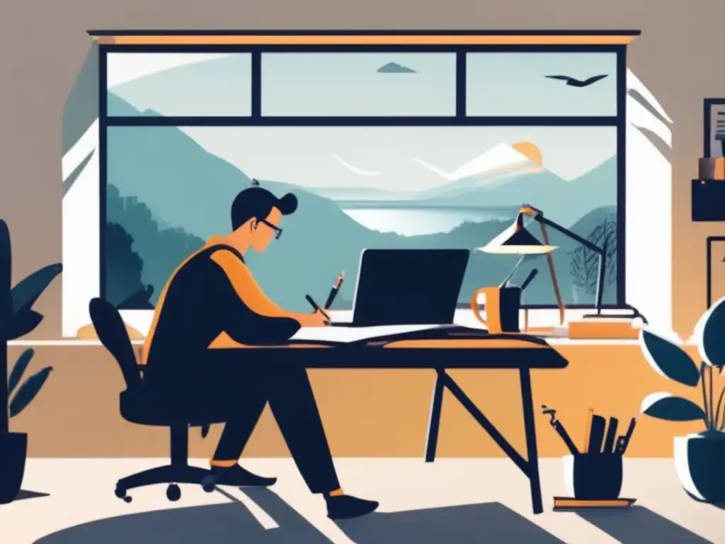 Persona en escritorio, pensando y organizando recursos Persona en escritorio con herramientas, pensando en ingresos pasivos para freelancers