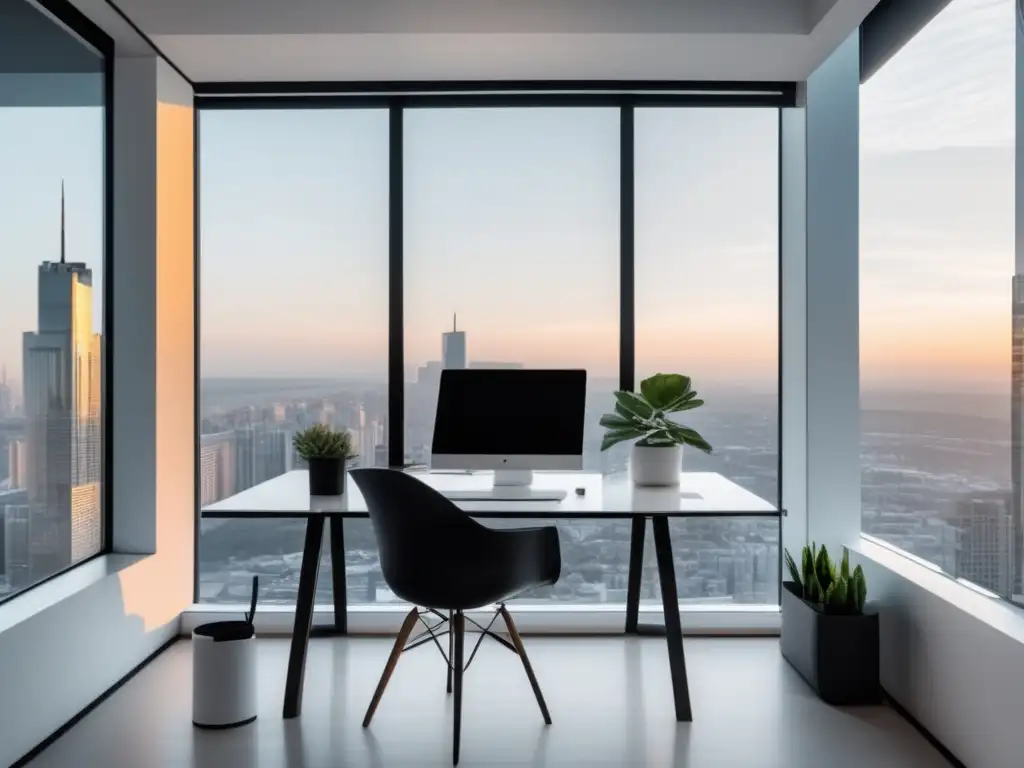Espacio de trabajo minimalista en oficina con vista panorámica a la ciudad Espacio de oficina minimalista con vistas panorámicas a la ciudad, la mejor plataforma de pago para freelancers