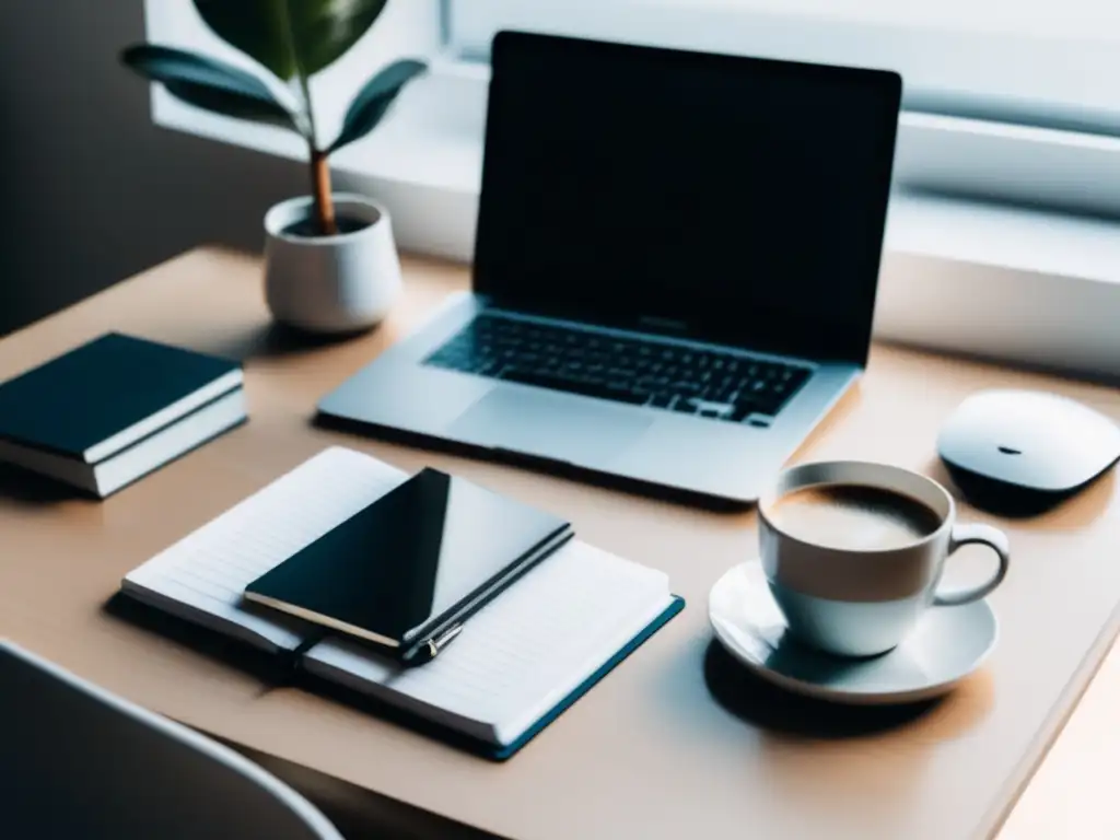 Espacio de trabajo minimalista del freelancer Espacio de trabajo minimalista con laptop, notas y café