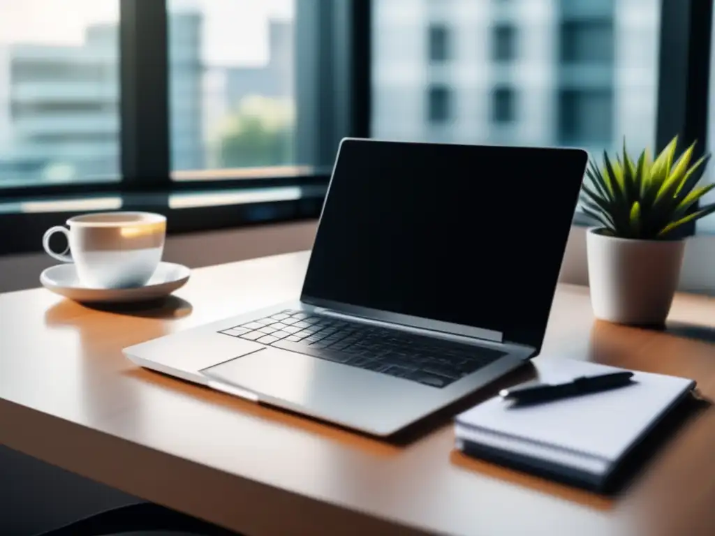 Espacio de trabajo del freelance Espacio de trabajo de freelancer con laptop moderna, notas sobre deducciones fiscales y ventana iluminada