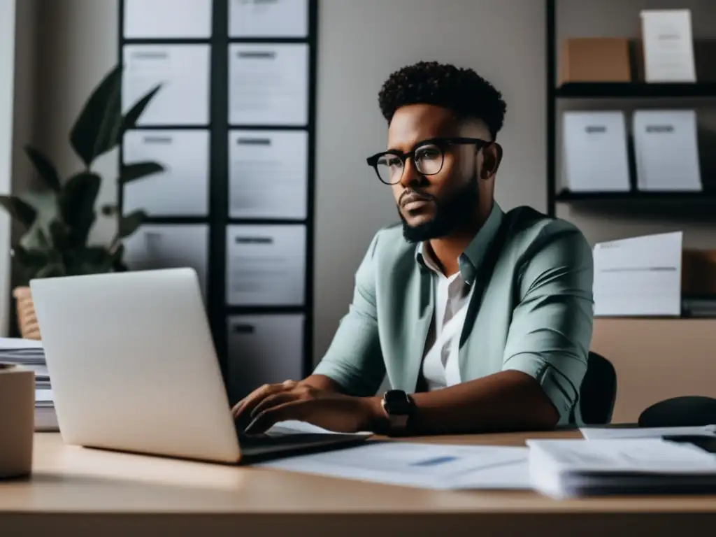 Trabajador freelance organizando impuestos Espacio de trabajo de freelancer con gafas, documentos y deducciones fiscales