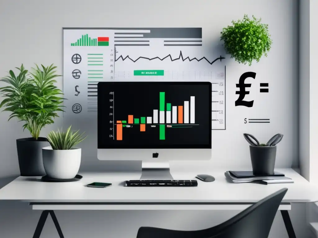 Espacio de trabajo financiero minimalista Minimalista espacio de trabajo con laptop, símbolos de moneda flotando y gráfico financiero mostrando conversiones de moneda