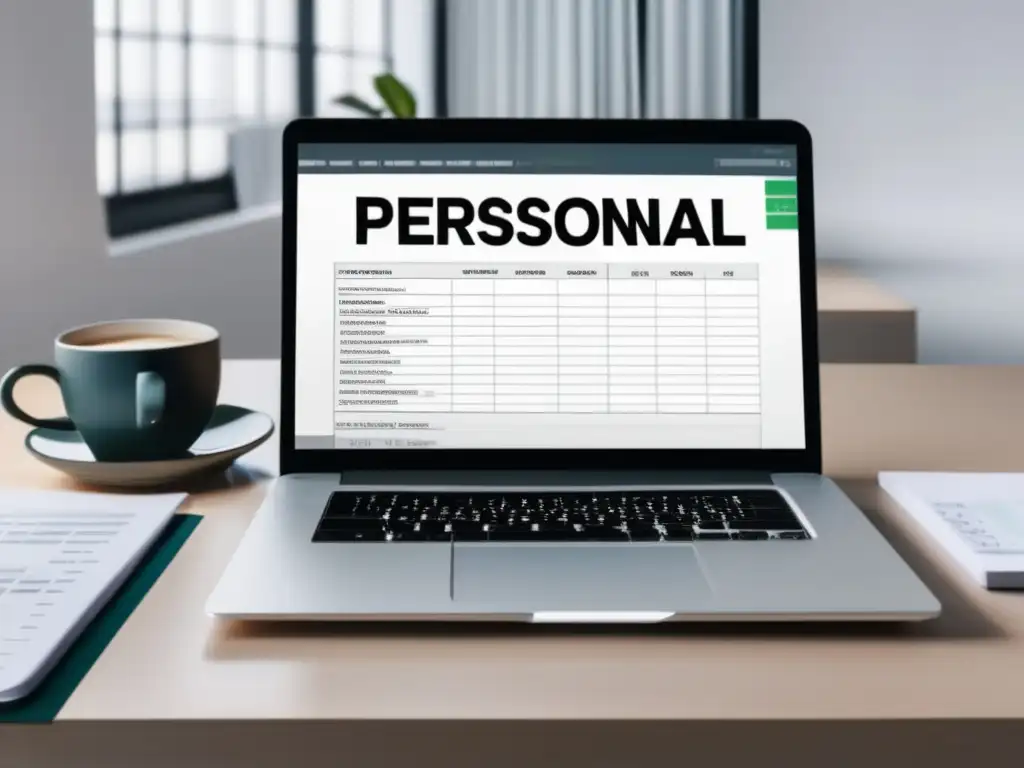 Espacio de trabajo minimalista y organizado Espacio de trabajo minimalista con escritorio blanco y laptop mostrando hoja de cálculo financiera