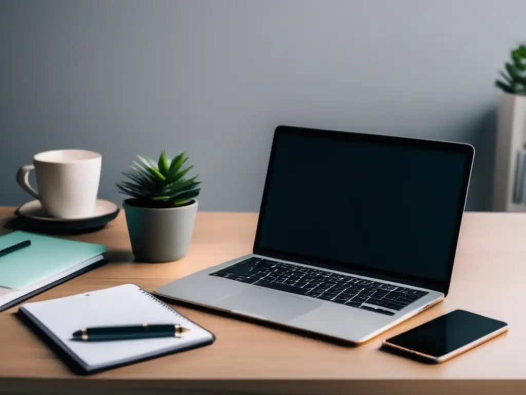 Espacio de trabajo minimalista para freelancers Espacio de trabajo freelance con escritorio elegante, laptop, smartphone y bloc